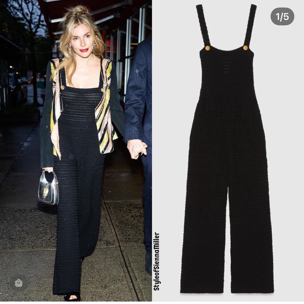 Gucci Black Knit Wide-Leg Jumpsuit with Gold Buttons